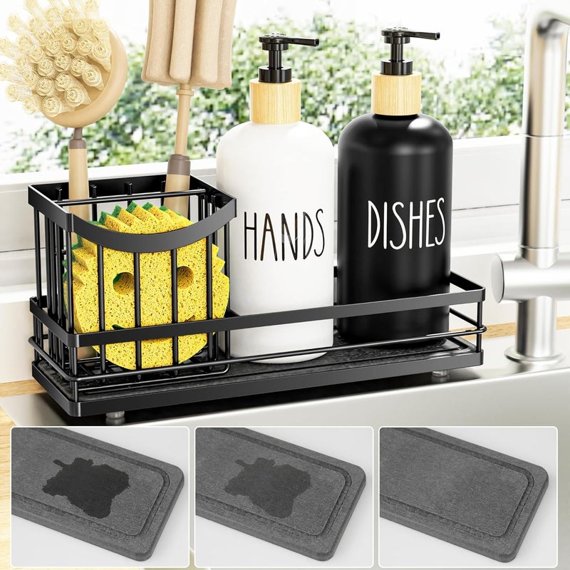 Moforoco Kitchen Dish Soap Dispenser Set, 16OZ Glass Bottle, Hand and Dish Soap Dispenser Set, Instant Dry Tray, Non-Slip Silicone Pad, Brush Holder with Sponge Holder, Kitchen Decor - Image 1